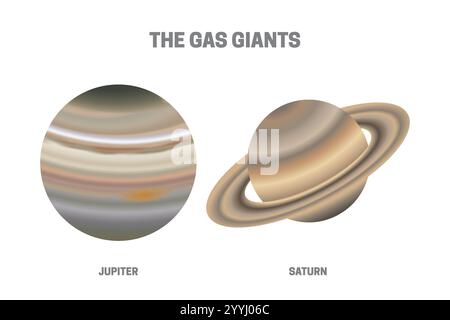 Jupiter and Saturn Planets or Gas Giants Illustration on White Background Stock Vector