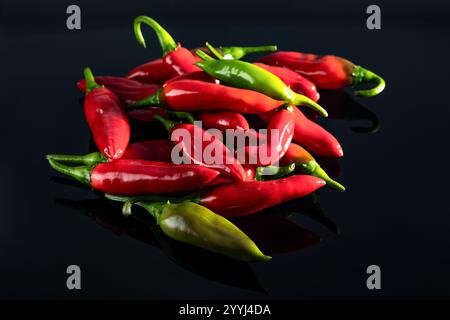 A variety of red and green chili peppers , showcasing their rich colors and textures against a glossy black background, emphasizing their freshness an Stock Photo