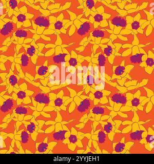 Abstract Hand Drawing Daffodil Flowers Seamless Vector Pattern, wallpaper fashion interior retro art vintage print flower blossom garden spring, DAFFO Stock Vector