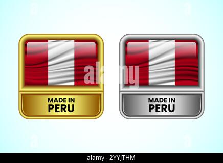 Made in Peru label icon in gold and silver color. Flag icon set for business Stock Vector