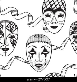 A captivating and intricate pattern that features artistic masks beautifully interwoven with flowing ribbons. Hand drawn vector black-and-white graphics in line art for printing on paper and fabric. Stock Vector