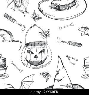 Halloween pattern, pumpkin basket, bat, rat, potions in bottles, fortune telling bones, witch hat. All objects are hand drawn with ink and transferred Stock Vector