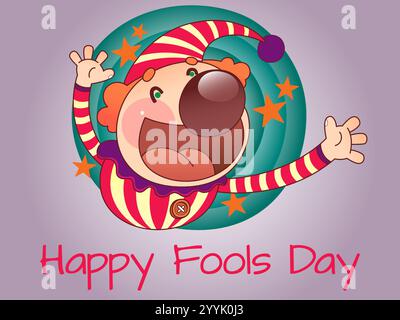 Cartoon clown with a big smile on his face. The words Happy Fools Day are written below the clown. Playful April Fools Day Humour Happiness Joy Bizarr Stock Vector