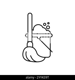 Mop and bucket line icon. linear style sign for mobile concept and web design. Cleaning bucket with mop outline vector icon. Symbol, logo illustration Stock Vector