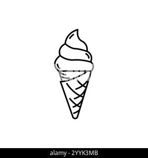 Ice cream big ball in wafer cone. vanilla, chocolate, sweet dessert sign. single fruit yogurt ice cream black line icon. Close vector illustration Stock Vector