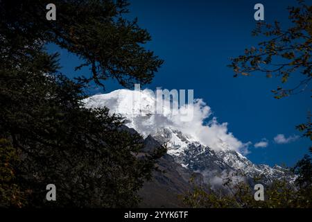 First Glimpse of Himalayan mountains seen during day 3 trek of Lama Hotel to Langtang Village, Nepal Stock Photo