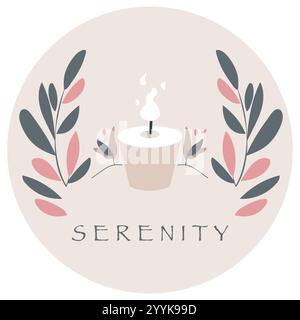 Lit Candle with flame in a beige holder. Coral and dark green Leaves. Circular beige Background with the text "SERENITY". Minimalist vector design Stock Vector