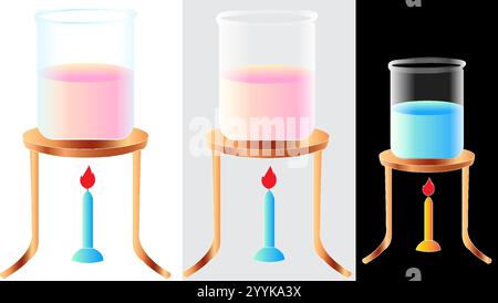 Science experiment beaker container with liquid on the bunsen burner Stock Vector