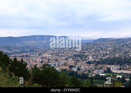 aerial view over the city of Millau with the Viaduct in the background, France in Europe Stock Photo