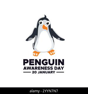 Happy Penguin Awareness Day on January 20th, Penguin Awareness Day banner. Handwriting lettering Penguin Awareness Day text and cute penguin with hear Stock Vector