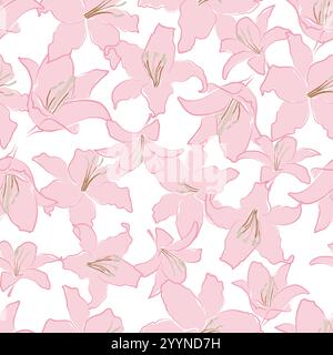 Lily Floral pattern, Vector seamless floral hand drawn pattern for fabric with lilies perfect for spring summer, white background Stock Vector
