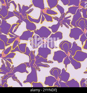 Stylized Iris flower, purple, Botanical seamless pattern with purple and pink irises Stock Vector