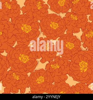 Mari Gold flower pattern, marigold vector seamless pattern, hand drawn illustration, background. Marigold flower line drawing stylized flower. Stock Vector