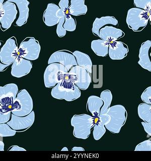 Pansy floral abstract pattern, line drawing, Blues, Elegant seamless pattern with decorative pansy flowers, Abstract stylized design elements. Floral Stock Vector