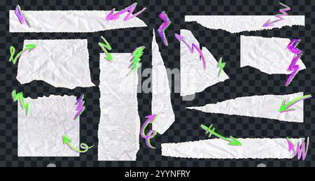 Set of torn paper pieces with neon green arrows and acid pink thunder. White grunge jagged borders, corners and rectangular frames with graffity Stock Vector