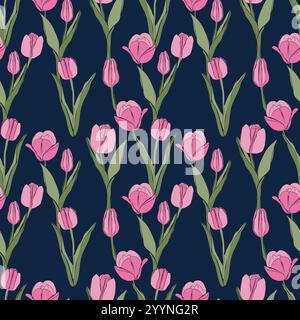 Tulip floral pattern, cute sweet, Delicate romantic spring pattern, pastel floral tulip seamless pattern background, seamless vector pattern with pink Stock Vector