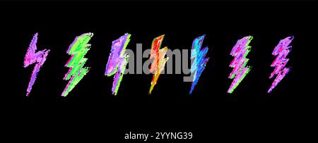 Set of lightning by colorful wax pencil drawing. Collection of handdrawing chalk, light flash signs. Various bright colors doodle thunder bolts Stock Vector