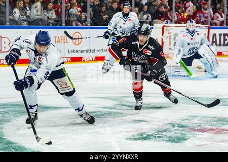 Germany. 22nd Dec, 2024. Eishockey Penny-DEL 29.Spieltag Koelner Haie - Straubing Tigers am 22.12.2024 in der Lanxess Arena in Koeln Marcel Brandt ( Straubing ), links - Robin van Calster ( Koeln ), rechts Gemaess den Vorgaben der DEL Deutsche Eishockey Liga ist die Publikation und Weiterverwertung der Aufnahmen in elektronischen Medien und Endgeraeten aller Art waehrend des laufenden Spiels nicht zulaessig. Foto: Revierfoto Credit: ddp media GmbH/Alamy Live News Stock Photo