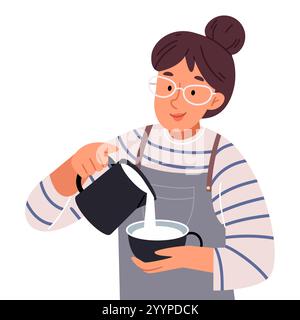 A cute barista with a milk jug in her hands makes a latte or cappuccino. Stock Vector