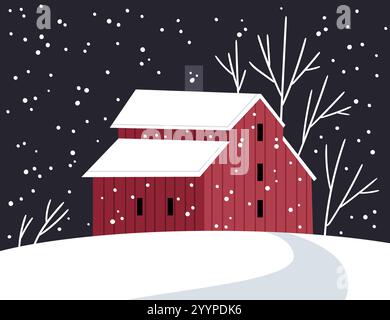 Winter landscape with red farm in Scandinavian style. Stock Vector