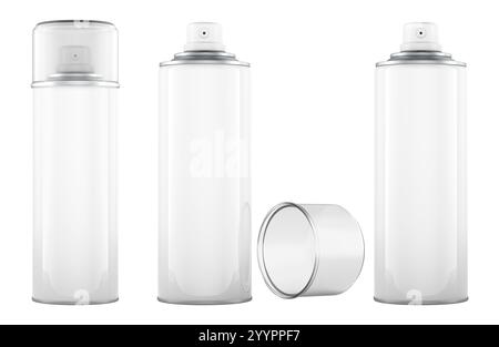 Metal bottle spray aerosols with cap and without. Mockup, template. 3D rendering isolated on white background Stock Photo