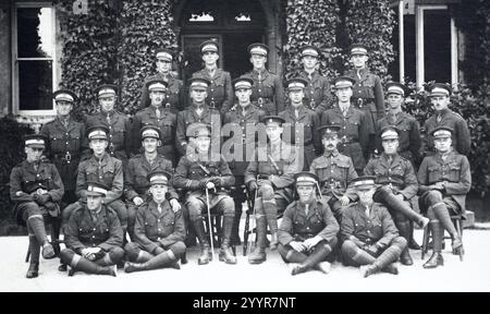 Infantry officer cadets from various regiments alongside their instructors, including a captain in the Lancashire Fusiliers who had been awarded the Military Cross, during the First World War c. 1918. Many of the cadets had seen active service in the ranks as shown by their Overseas Service Stripes. Stock Photo