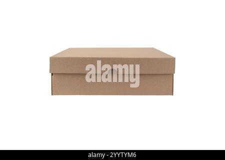 Brown craft paper box front view isolated on white. Kraft carton rectangular packaging container with lid. Corrugated cardboard closed shoe box. Stock Photo