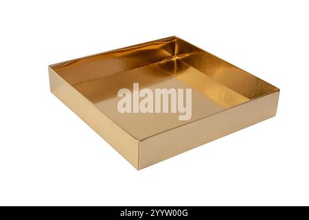 Gold gift box isolated on white. Golden colored paper open rectangular container. Packing carton box with glossy coating. Stock Photo