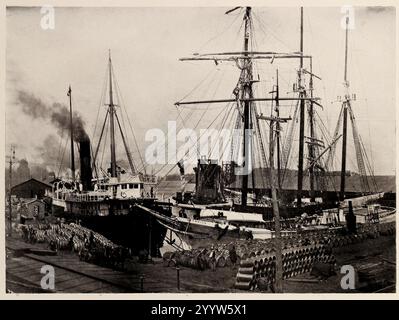 Montreal's Harbor with ship in docks.  Vintage late 19th century photograph of Montreal, Canada. Stock Photo