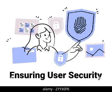 User security concept with person interacting with shield icons and digital elements in blue and gray tones. Minimalist hand drawn style Stock Vector