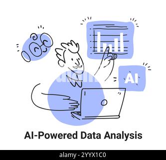 AI-powered data analysis concept with person analyzing graphs on laptop hand drawn style blue accents digital chart Stock Vector