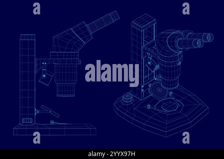 Vector illustration wireframe 3d set microscope science lab magnify tool. Isometric, side view Stock Vector