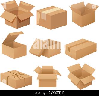 Different cardboard boxes in various open positions Stock Vector