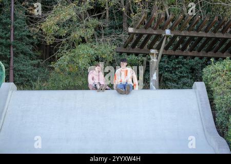 In a large park in Handa City, Aichi Prefecture, a couple in their 20s are having fun playing on a slide that resembles a large hill. Stock Photo