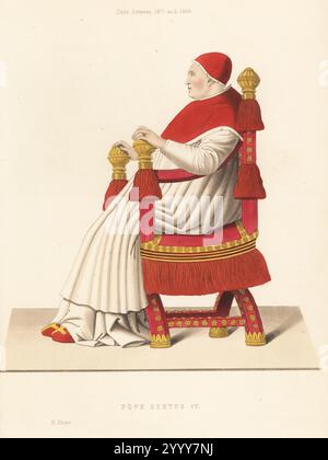 Profile portrait of Pope Sixtus IV, head of the Catholic Church, builder of the Sistine Chapel, founder of the Spanish Inquisition, 1414-1484. In scarlet cap and cape bordered with ermine, linen tunic and wool soutane or cassock. From a portrait by Pietro della Francesca in the Vatican. Handcoloured woodblock engraving by Henry Shaw from his own Dresses and Decorations of the Middle Ages from the 7th to the 17th Centuries, William Pickering, London, 1843. Stock Photo