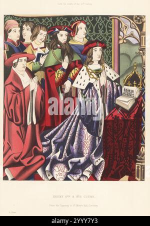 King Henry VI of England 1421-1471 and his courtiers at prayer.  The king in jeweled cap, richly embroidered mantle lined with ermine, gold chain, kneeling at an altar with Bible and crown. Behind him, 'good duke Humphrey' Stafford, 1st Duke of Buckingham, with long beard, and Cardinal Beaufort with hands in prayer. From the tapestry in St. Mary's Hall, Coventry, mid-15th century. Handcoloured woodblock engraving by Henry Shaw from his own Dresses and Decorations of the Middle Ages from the 7th to the 17th Centuries, William Pickering, London, 1843. Stock Photo