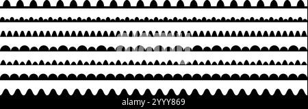 Wavy repeating pattern border set. Scalloped shape frame collection for decoration, banner, poster. Wave edge seamless stripes to divide or separate. Black repeated squiggle stroke pack. Vector Stock Vector