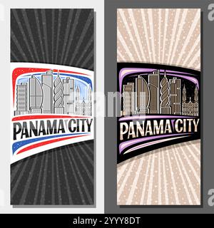 Vector vertical layouts for Panama City, decorative brochure with outline illustration of urban american city scape on day and nighttime sky backgroun Stock Vector