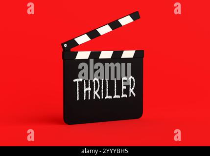 Movie clapperboard with the word thriller written on it, depicting the filming of a suspenseful and exciting movie scene. 3D render. Stock Photo