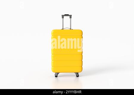 Single bright yellow suitcase is standing on a white background, suggesting upcoming travel and vacation. 3d render. Stock Photo