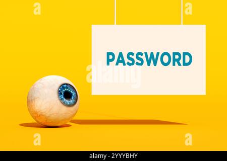 Secure internet access and personal information security. 3d illustration of a human eye looking at a sign with the word password written on it Stock Photo