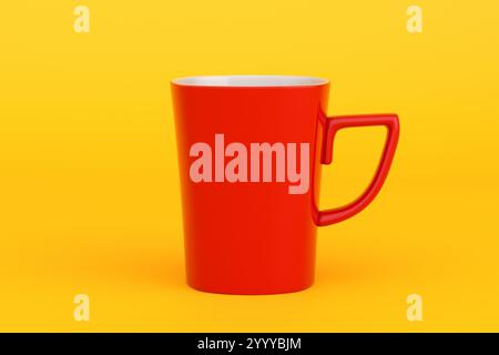 Red mug standing on a yellow background, perfect for representing a tea or coffee break, relaxation, or a cozy morning. 3D render. Stock Photo