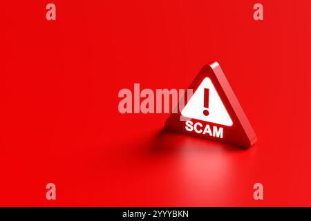Red scam alert sign glowing on a red background with an exclamation point, warning about online fraud and cybercrime. 3D render. Stock Photo