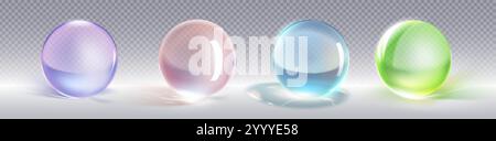 Colorful glass ball on transparent background with light reflection and rainbow refraction effects. Realistic 3d vector set of tinted spheres with optical distortion. Translucent acrylic orbs. Stock Vector
