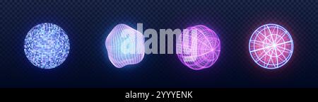 3D tech spheres set isolated on transparent background. Vector realistic illustration of abstract globes with neon line grid, wireframe pattern, global communication technology symbol, internet icon Stock Vector