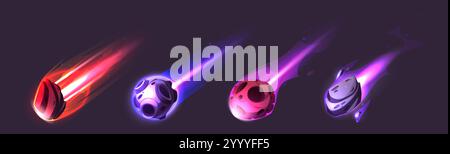 Glowing asteroid and comet collection with colorful fire trails. Celestial meteors with red, blue, pink, purple flames, luminous cosmic rocks, blazing space debris for cosmic galaxy arcade games. Stock Vector