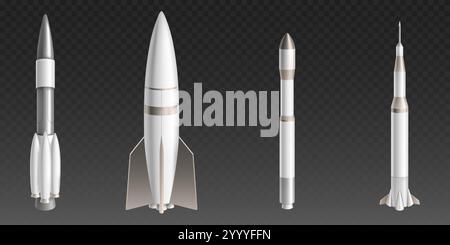 3D space rockets set isolated on transparent background. Vector realistic illustration of modern spacecraft technology, vertical spaceship ready for start, astronaut shuttle launch, missile mockup Stock Vector