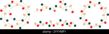 Christmas lights set. Garlands round tangled with colored circle bulbs. Glowing Xmas festive string decoration with hanging retro lamps for holiday ca Stock Vector