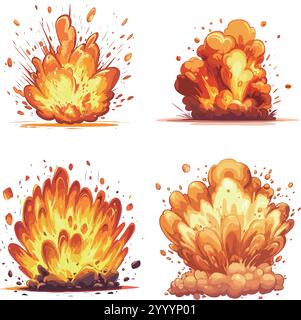 A collection of four vivid, animated explosions depicted in various shapes with bright yellow and orange tones, emphasizing action and impact against Stock Vector