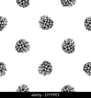 Pine, fir, cedar cone, spruce apple. Vector seamless pattern hand drawn with ink. Element of coniferous, evergreen forest tree. Decorative clipart for Stock Vector